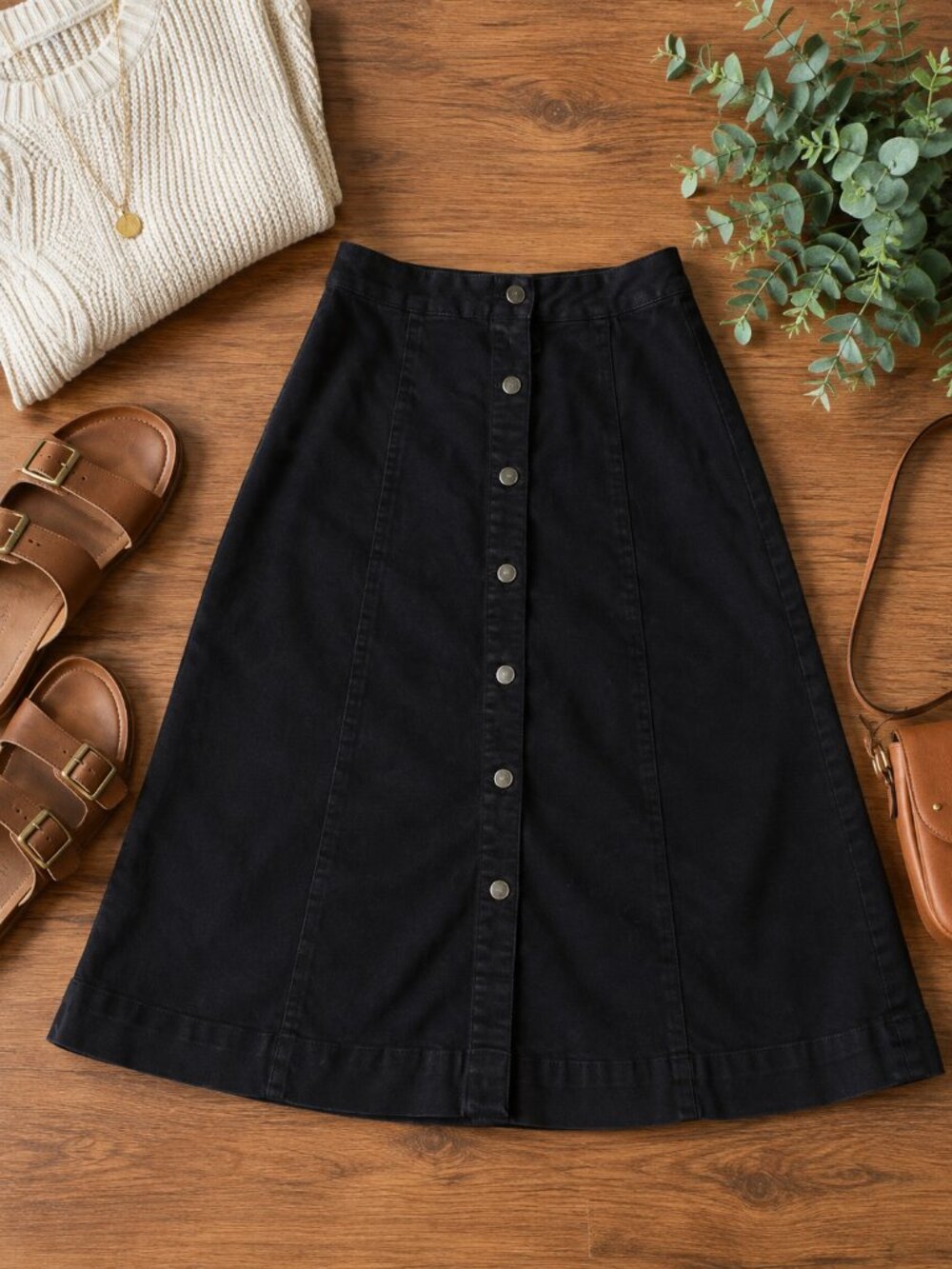 Indigo Poppy Black A-Line Midi Skirt Size 14 Button Front Elastic Waist Stretch